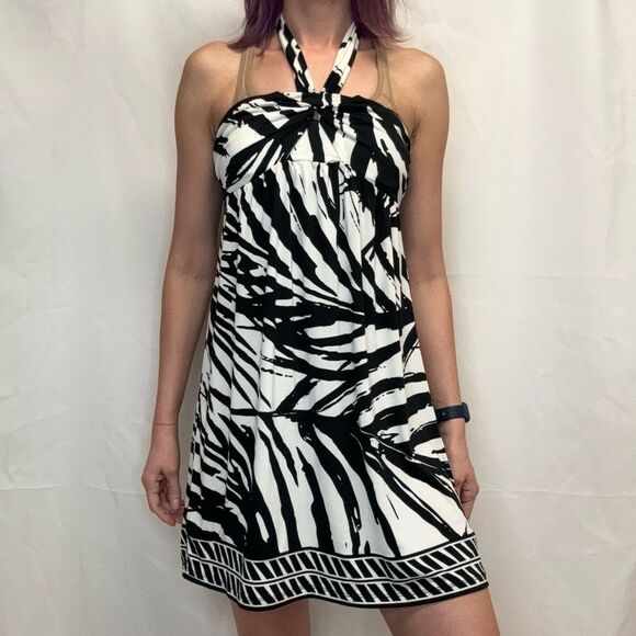 Apt 9 Women's Tropical Palm Fran Tie Halter Mini Dress M Med Medium Black Ivory - Picture 1 of 12